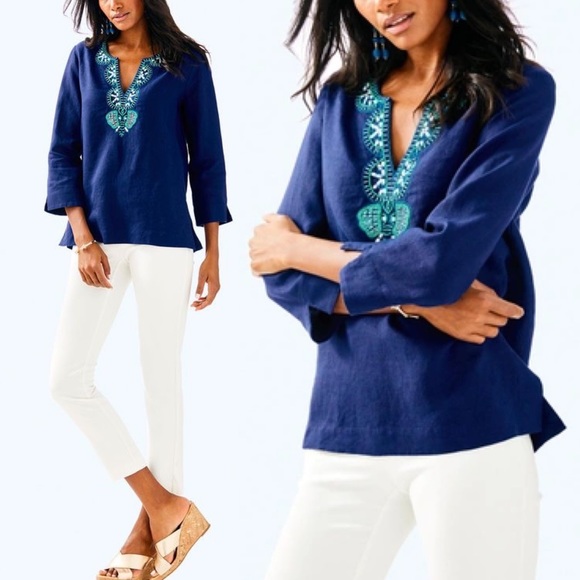 Lilly Pulitzer Tops - Lilly Pulitzer Amelia Island Linen Navy Blue Turquoise Beaded Elephant Tunic Top
